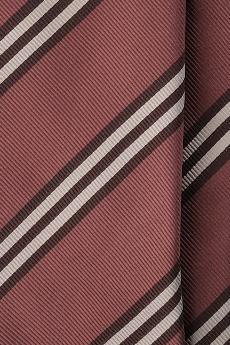3-Fold Striped Repp Silk Tie - Old Pink / Brown / Cream - Brunati Como®