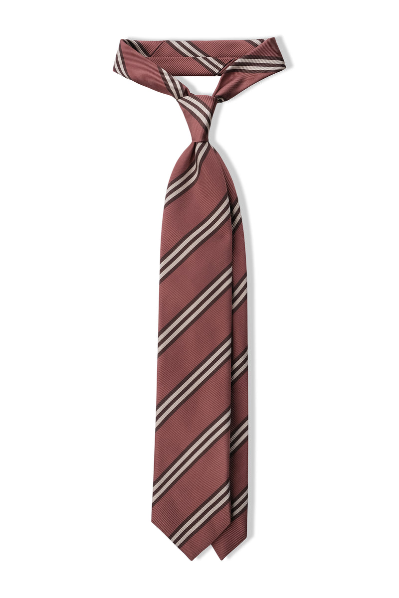 3-Fold Striped Repp Silk Tie - Old Pink / Brown / Cream - Brunati Como®
