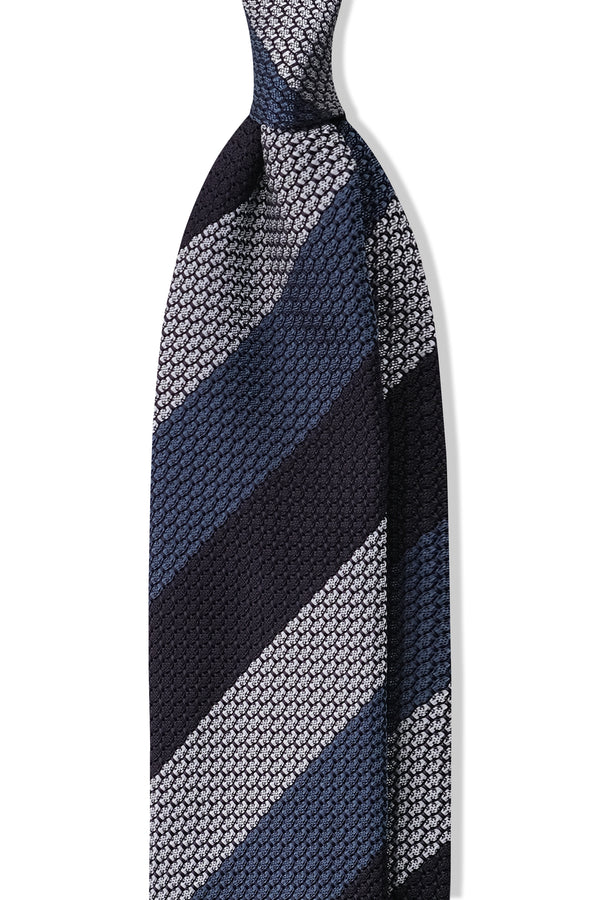 3-Fold Striped Silk Grenadine Garza Grossa - Petrol/Navy/Silver