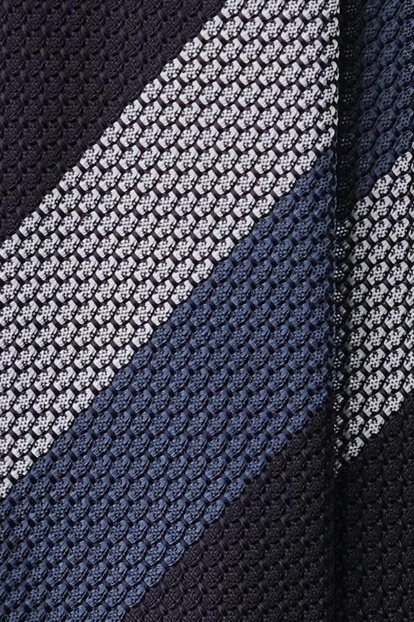 3-Fold Striped Silk Grenadine Garza Grossa - Petrol/Navy/Silver
