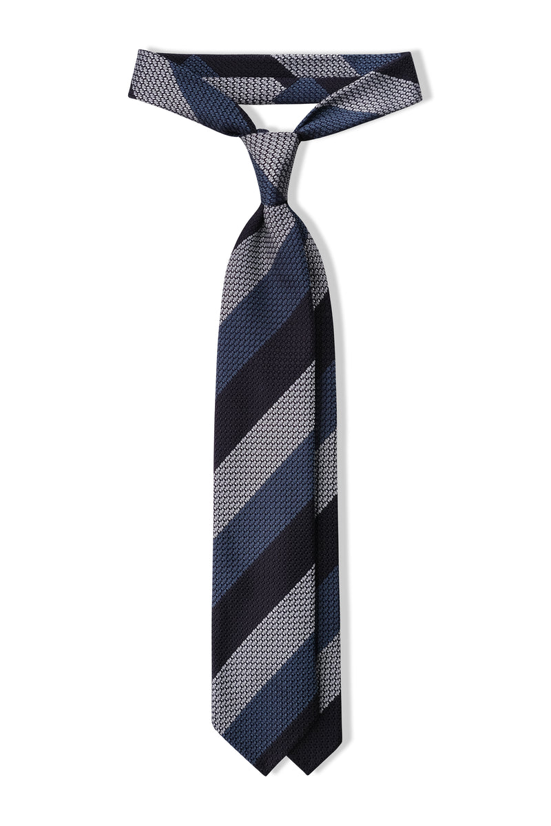 3-Fold Striped Silk Grenadine Garza Grossa - Petrol/Navy/Silver - Brunati Como®