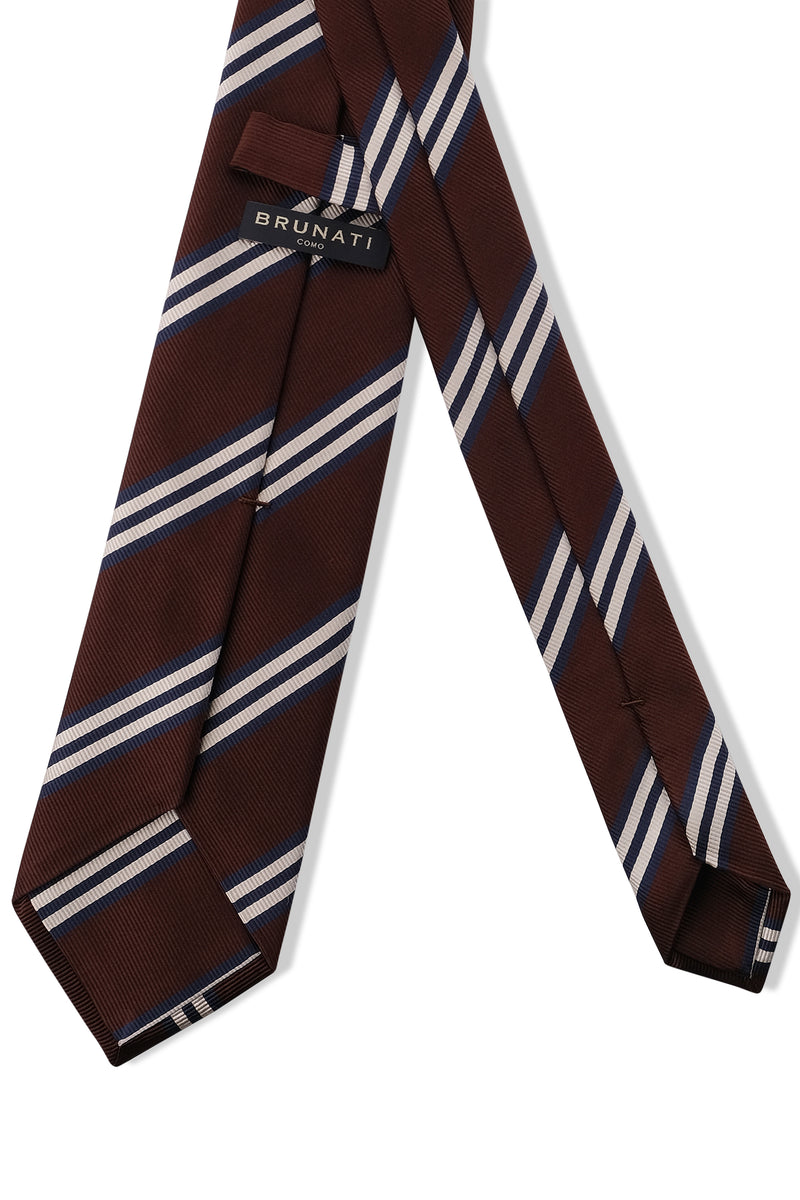 3-Fold Striped Repp Silk Tie - Brown / Navy / Cream - Brunati Como®