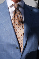 3-Fold Floral Patterned Printed Silk Tie - Beige / Brown / Light Blue Blue