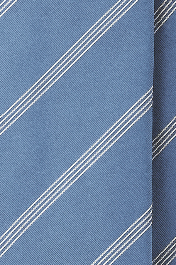 3-Fold Striped Repp Silk Tie - Light Blue / White