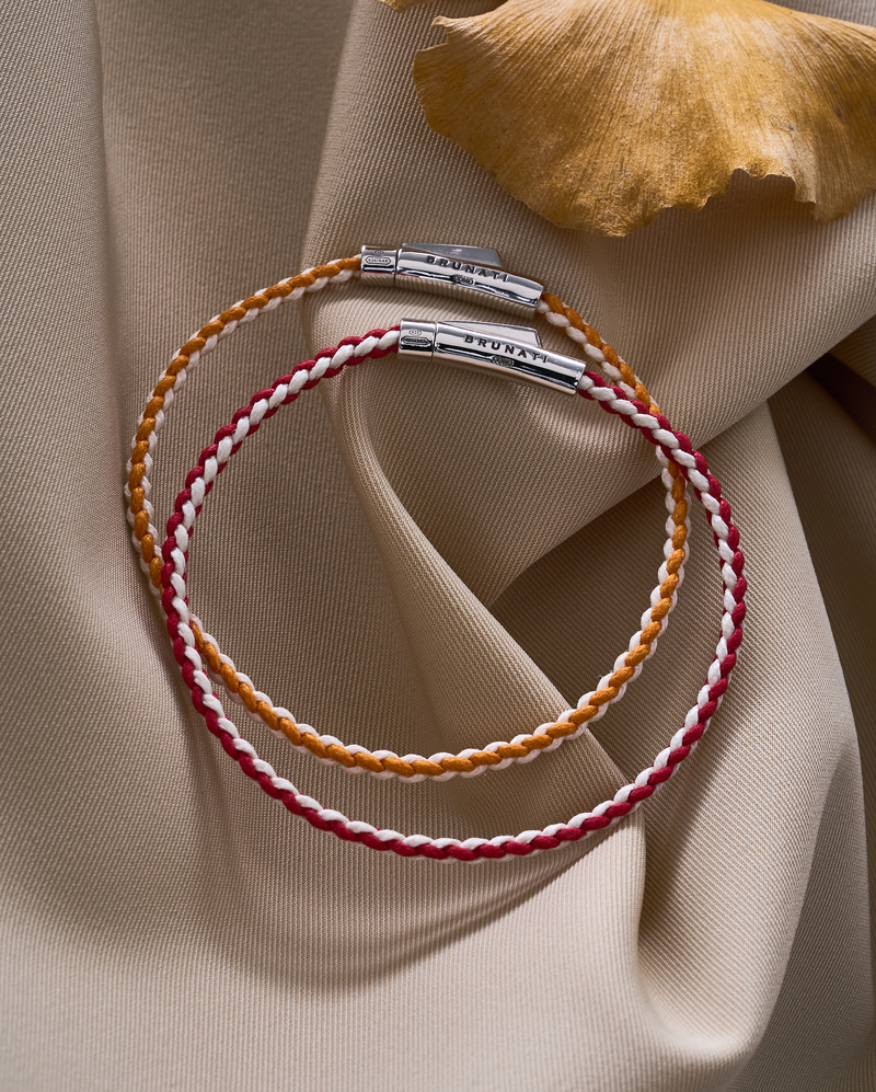 Braided Organic Cotton Silver Bracelet - Orange / Off White - Brunati Como®