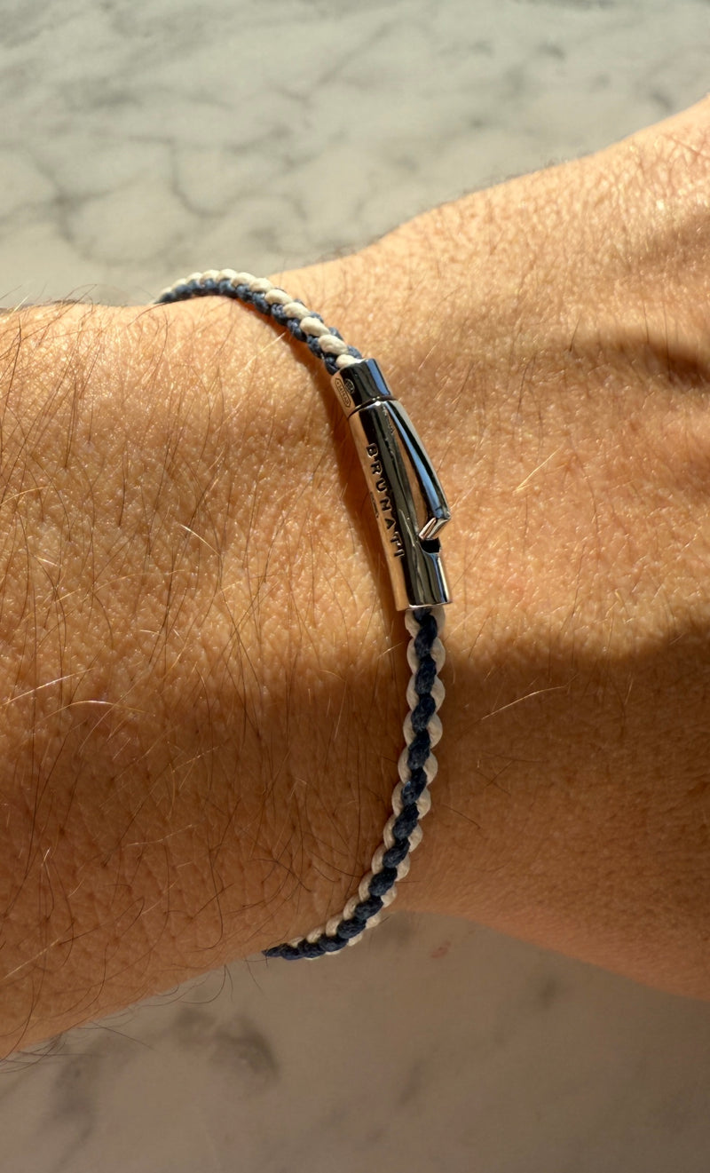 Braided Organic Cotton Silver Bracelet - Blue / Off White - Brunati Como®