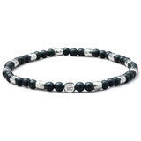Black Onyx elastic bracelet with 925 sterling silver nuggets and engraved centre cube