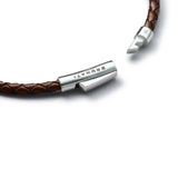 Detail of brown braided Italian leather bracelet with BRUNATI 925 Italian sterling silver clasp