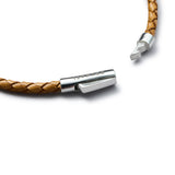 Detail of camel beige braided Italian leather bracelet with BRUNATI 925 Italian sterling silver clasp