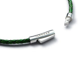Detail of forest green braided Italian leather bracelet with BRUNATI 925 Italian sterling silver clasp