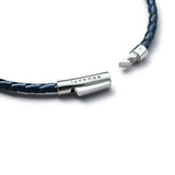 Detail of navy braided Italian leather bracelet with BRUNATI 925 Italian sterling silver clasp