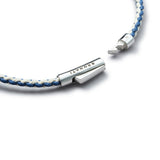 Detail of blue and off-white braided organic cotton bracelet with BRUNATI 925 Italian sterling silver clasp