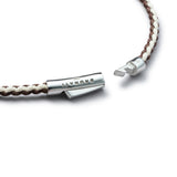 Detail of brown and off-white braided organic cotton bracelet with BRUNATI 925 Italian sterling silver clasp