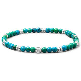Chrysocolla elastic bracelet with 925 sterling silver pebble elements and engraved BC centre cube