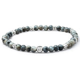 Labradorite elastic bracelet with 925 sterling silver pebble elements and engraved BC centre cube