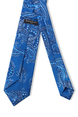 Self-tipped backside of blue and navy paisley silk tie.