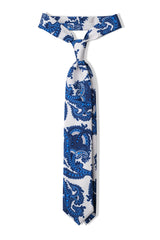 Light blue paisley silk tie tied in a classic knot.