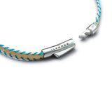 Detail of turquoise and light beige stitched Italian textile bracelet with BRUNATI 925 Italian sterling silver clasp