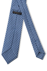Back view of the light blue, navy and pink butterfly chains printed silk tie.