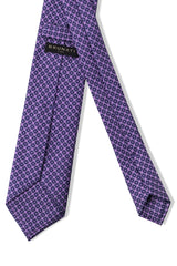 Back view of the lilac, petrol and light blue butterfly chains printed silk tie.