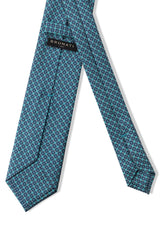Back view of the turquoise, petrol and pink butterfly chains printed silk tie.