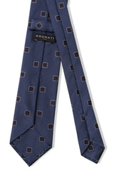 Back view of the petrol and burgundy geometric square silk jacquard tie.