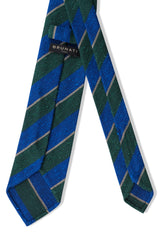 Back view of the grenadine shantung silk tie with azure blue, green and beige stripes.