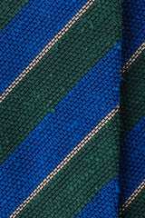 Close-up of the grenadine shantung silk texture and azure blue, green and beige stripes.