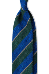 Azure blue, green and beige striped grenadine shantung silk tie, shown from the front.