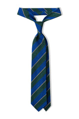 Azure blue, green and beige striped grenadine shantung silk tie, tied in a knot.