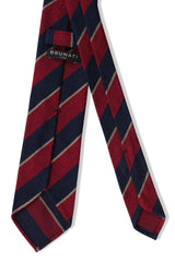 Back view of the grenadine shantung silk tie with burgundy, navy and beige stripes.