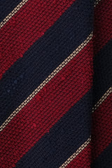 Close-up of the grenadine shantung silk texture and burgundy, navy and beige stripes.
