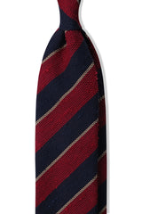 Burgundy, navy and beige striped grenadine shantung silk tie, shown from the front.