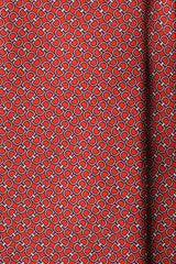 Close-up of the red printed silk fabric with a horsebit pattern.