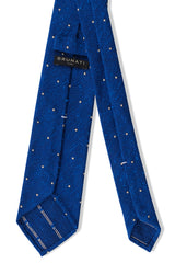 Back view of the azure blue and white polka dot grenadine shantung silk tie with hand-rolled edges.