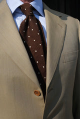 Model wearing the brown polka dot shantung silk tie.