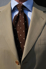 Model styling the brown polka dot shantung silk tie with tailored clothing.