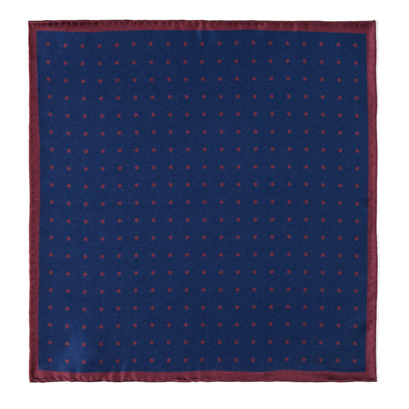 Polka Dot Handrolled Como Silk Pocket Square - Navy/Burgundy