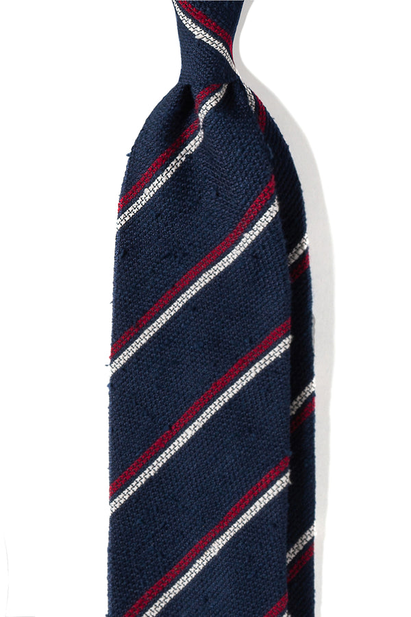 3-Fold Striped Grenadine Shantung Tie - Navy/Red/White - Brunati Como