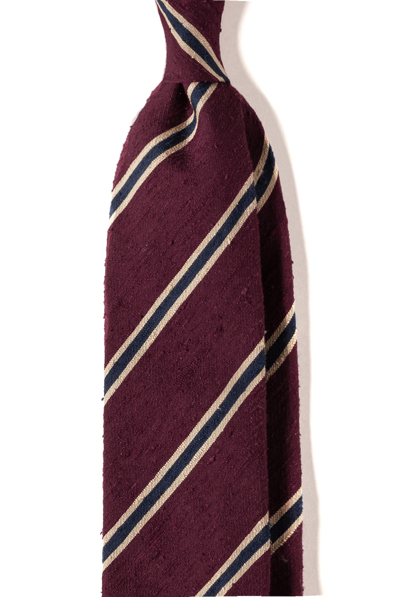 3-Fold Striped Silk Shantung Tie - Burgundy/Beige/Navy - Brunati Como