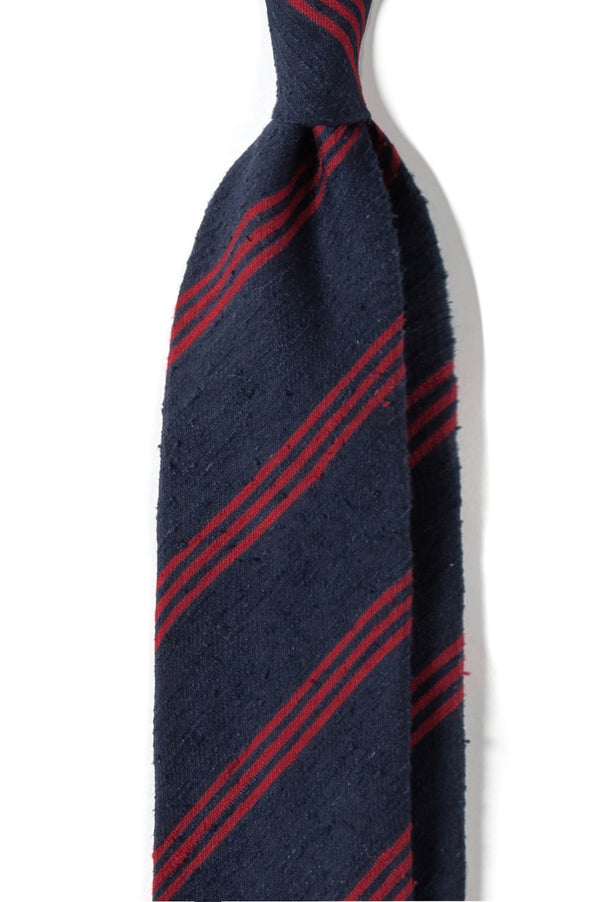 Handrolled Silk Striped Shantung Tie - Navy/Red - Brunati Como