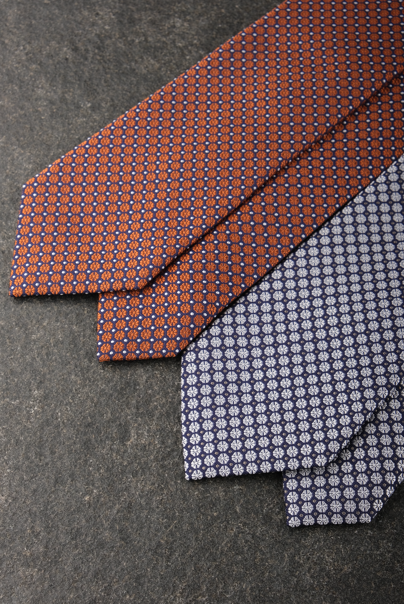 3- Fold Floral Silk Jacquard Tie -Orange / Navy / Silver - Brunati Como