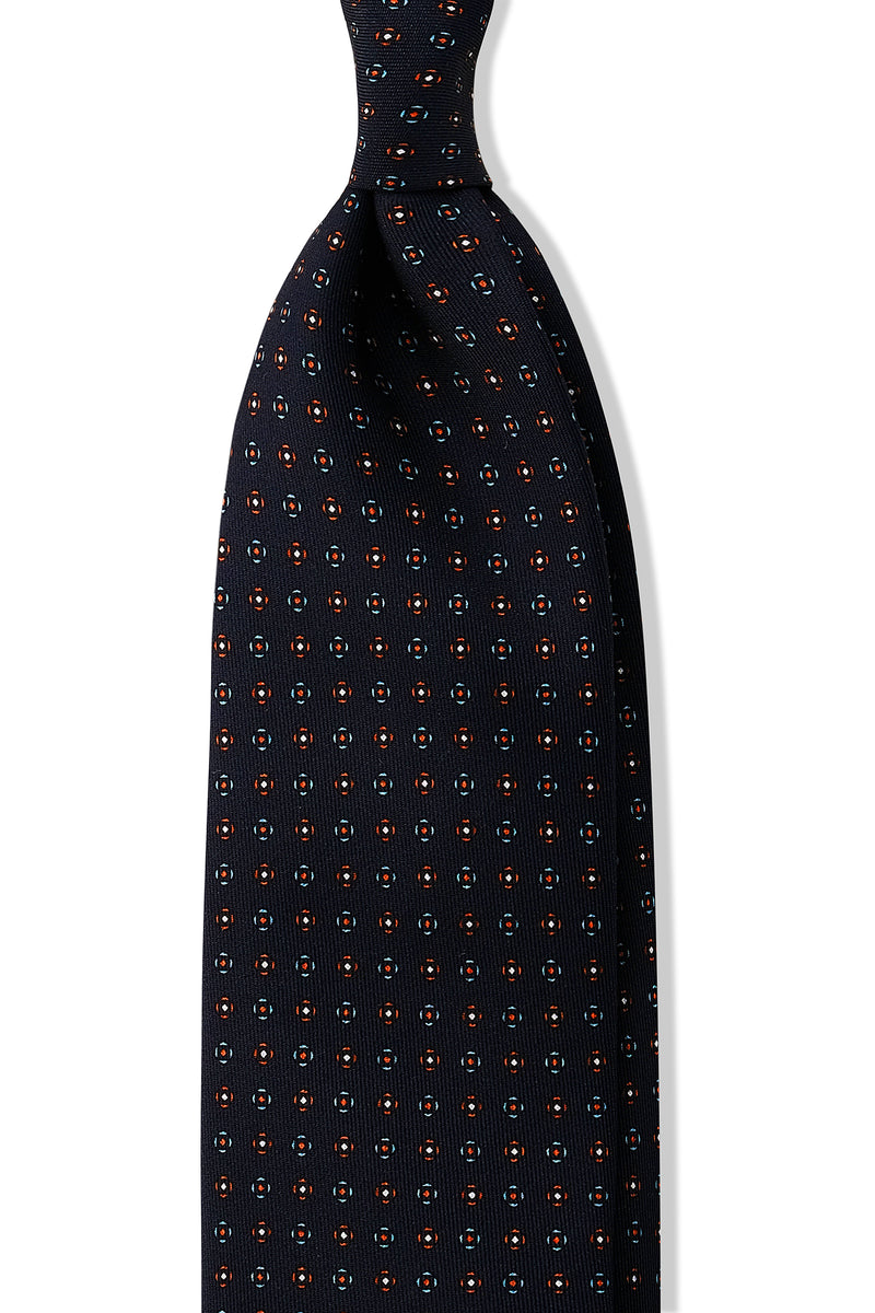 3-Fold Patterned Printed Silk Tie - Navy/Orange/Turquoise - Brunati Como