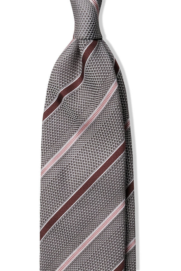 3-Fold Striped Silk Grenadine Tie - Grey Taupe / Chocolate / Pink - Brunati Como