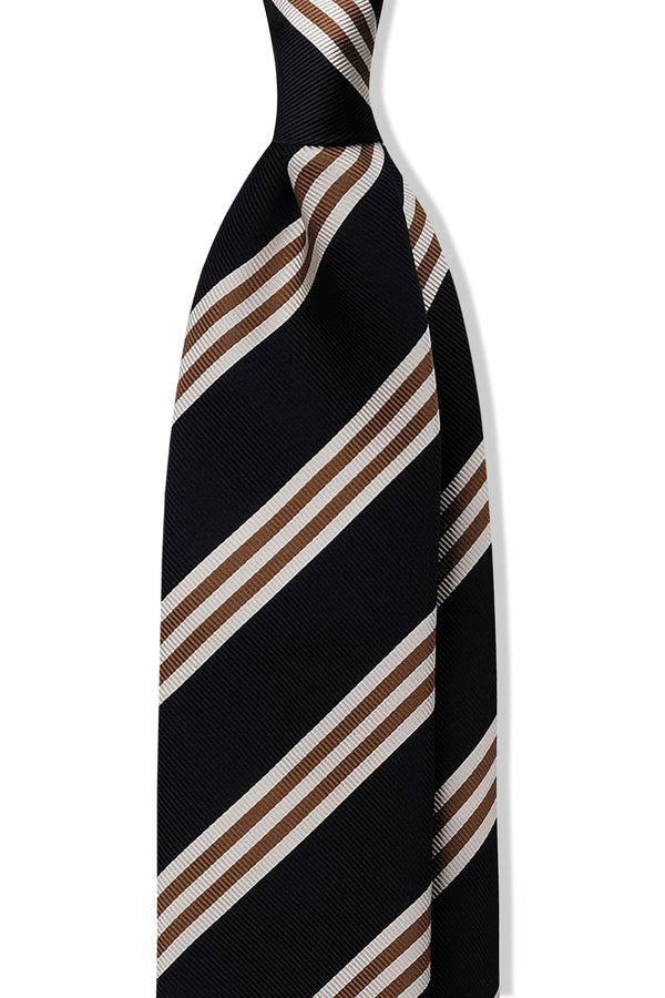 3-Fold Striped Repp Silk Tie - Navy / Gold / White - Brunati Como®