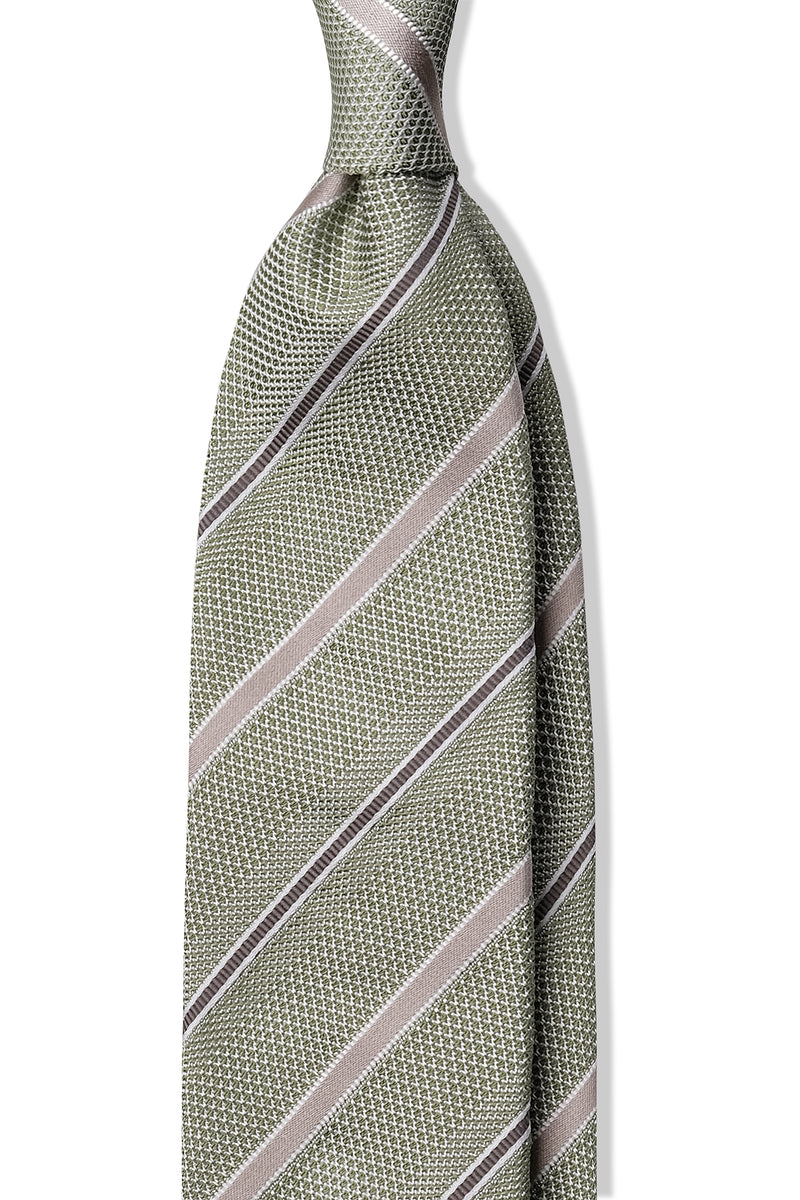 3-Fold Striped Silk Grenadine Tie - Green / Light Beige / Taupe - Brunati Como