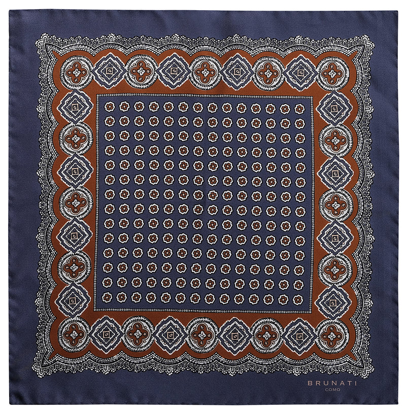 Ornamental Silk Pocket Square - Navy / Brown - Brunati Como