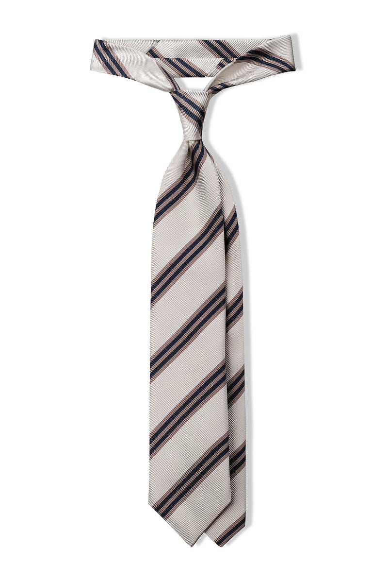 3-Fold Striped Repp Silk Tie - Light Beige / Caramel / Navy - Brunati Como®