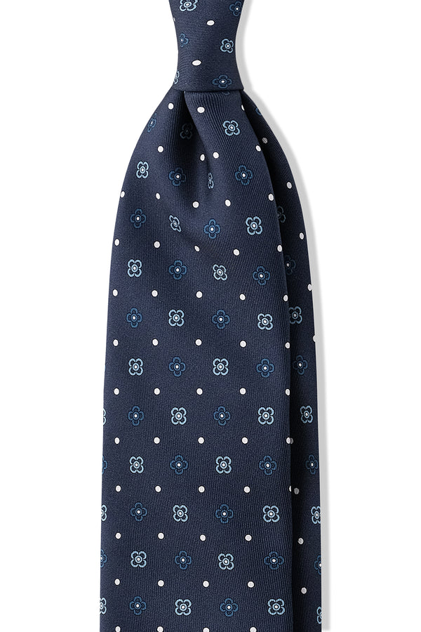 3-Fold Floral Patterned Printed Silk Tie - Blue / Light Blue - Brunati Como