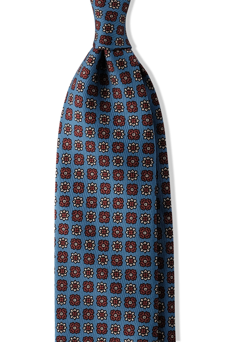 3- Fold Untipped Floral Silk Tie - Lido Blue / Vintage Orange - Brunati Como